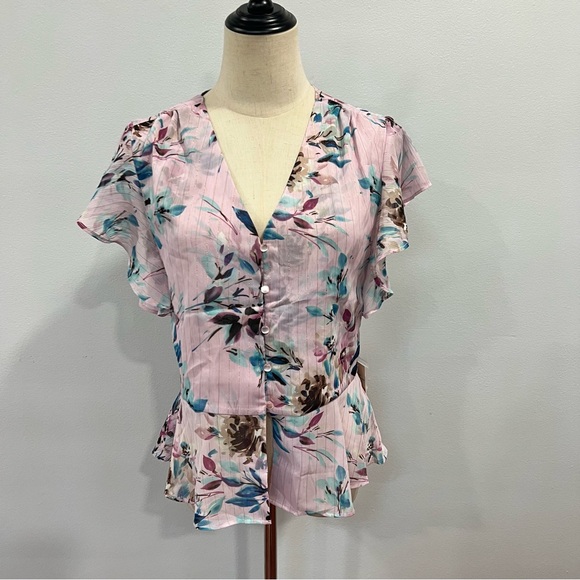 Nanette Nanette Lepore Floral Button Down Peplum Top In Sugar Purple Color- NWT - Picture 2 of 11